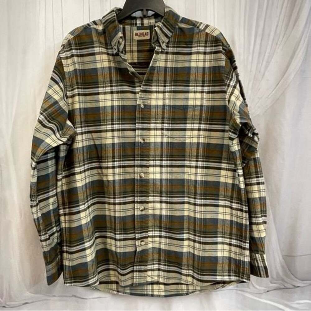 RedHead Men's Plaid Button-Down Shirt Green Brown Tan Flannel Long Sleeve L Lrg